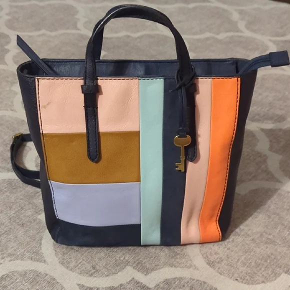 FOSSIL Hunter Leather Convertible Backpack Tote with Velvet Patchwork Design Fossil | Bags | Fossil Caramel Leather Convertible Backpack  main image 3